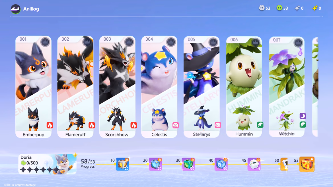 Aniimo roster interface showing collected creatures and progression entries