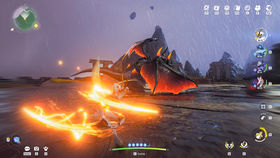 Pathfinder and Aniimo using a fiery skill during a rainy encounter