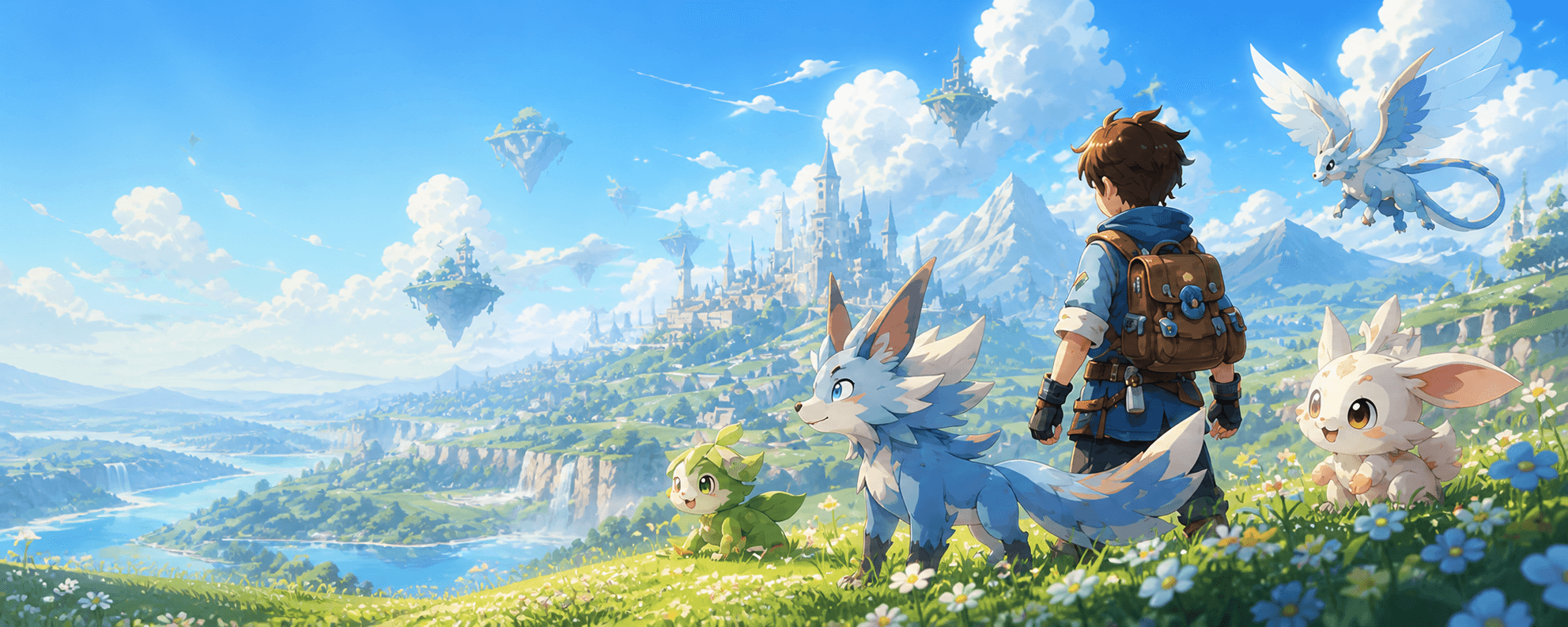 Aniimo companions exploring a bright fantasy landscape